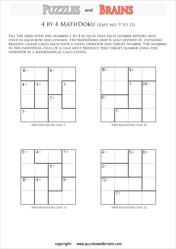 printable 4 by 4 easier Mathdoku, KenKen-like, math puzzles for young and old