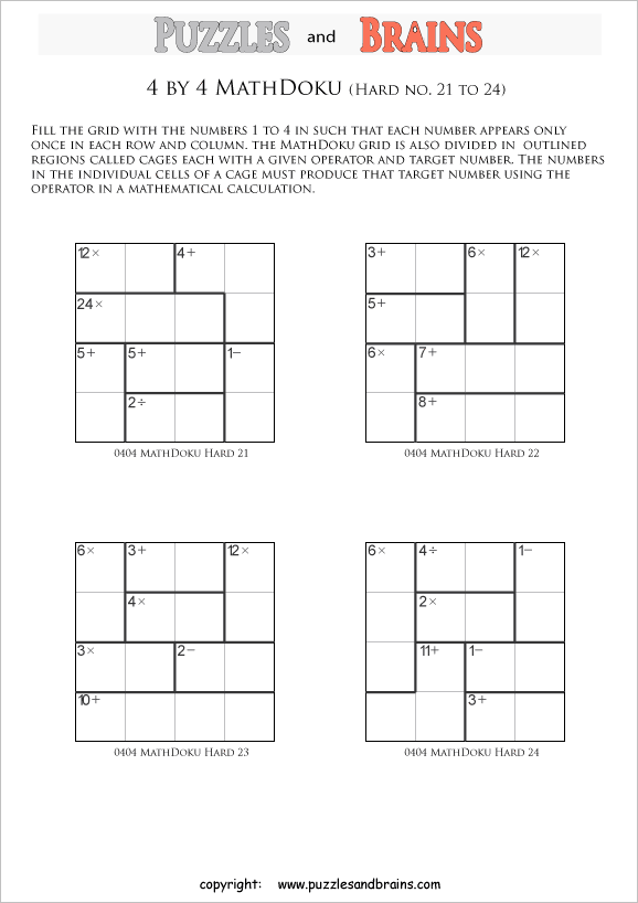 printable 4 by 4 difficult level Mathdoku, KenKen-like, math puzzles for young and old