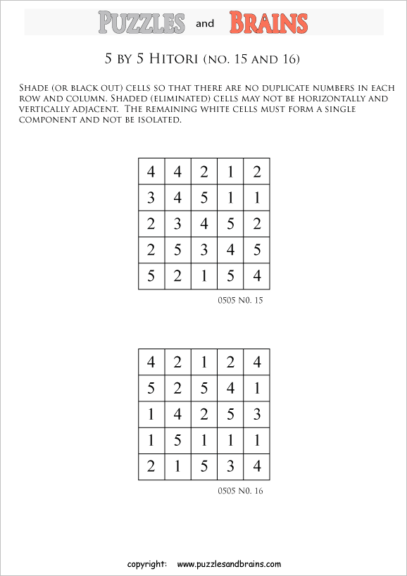 printable5 by 5 Hitori logic puzzles that will boost your IQ