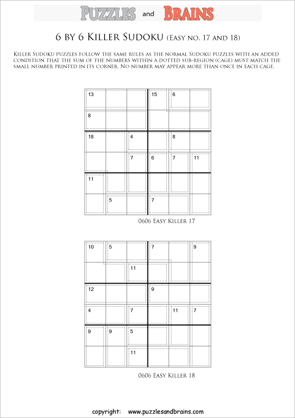 printable easier 6 by 6 killer sudoku math logic puzzles for kids