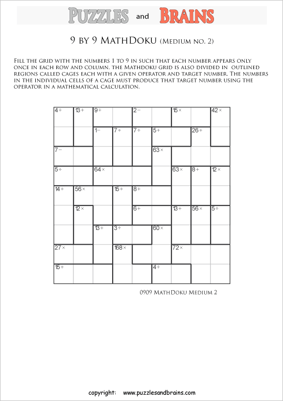 printable 9 by 9 medium level Mathdoku, KenKen-like, math puzzles for young and old