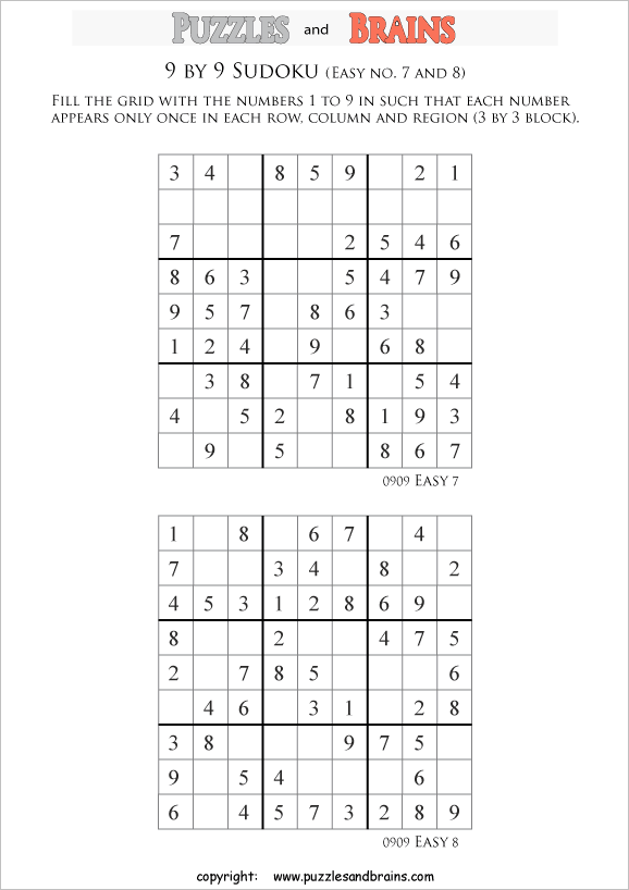 printable easier 9 by 9  Sudoku puzzles
