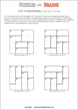 printable 4 by 4 easier Mathdoku, KenKen-like, math puzzles for young and old