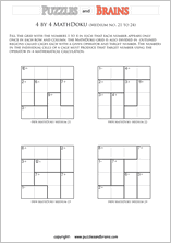 printable 4 by 4 medium level Mathdoku, KenKen-like, math puzzles for young and old