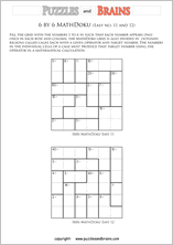 printable 6 by 6 easier level Mathdoku, KenKen-like, math puzzles for young and old