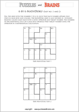printable 6 by 6 easier level Mathdoku, KenKen-like, math puzzles for young and old