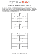 printable 6 by 6 difficult level Mathdoku, KenKen-like, math puzzles for young and old