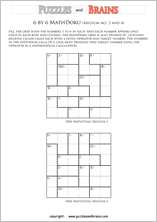 printable 6 by 6 medium level Mathdoku, KenKen-like, math puzzles for young and old