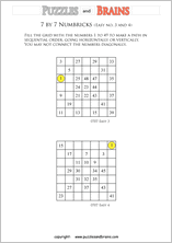 printable easier 7 by 7 Numbrix Number Snake puzzles for young and old