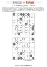 printable easier 6 by 6 Japanese Masyu Circles logic puzzles for young and old.