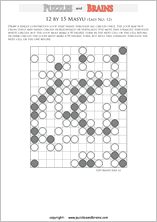 printable easier level 12 by 15 Japanese Masyu Circles logic puzzles for young and old.