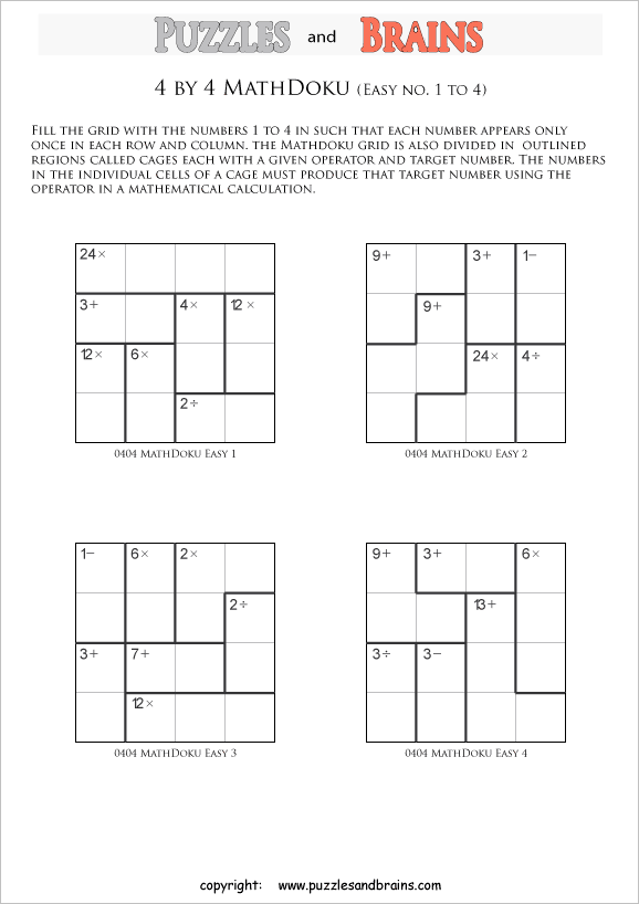 printable 4 by 4 easier Mathdoku, KenKen-like, math puzzles for young and old