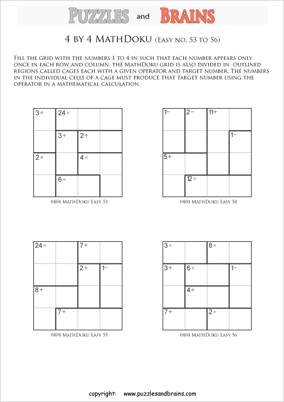 Printable 4 by 4 easier MathDoku, KenKen like, math puzzles for kids