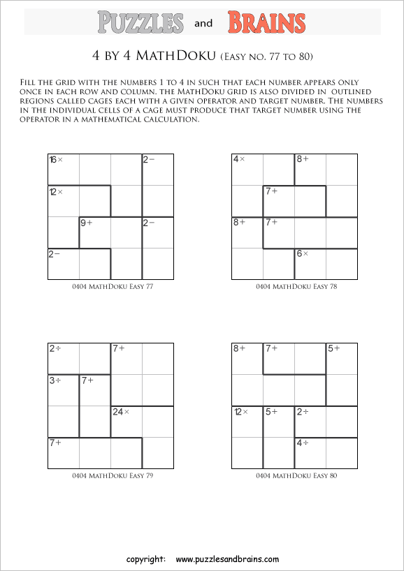 Printable 4 by 4 easier MathDoku, KenKen like, math puzzles for kids