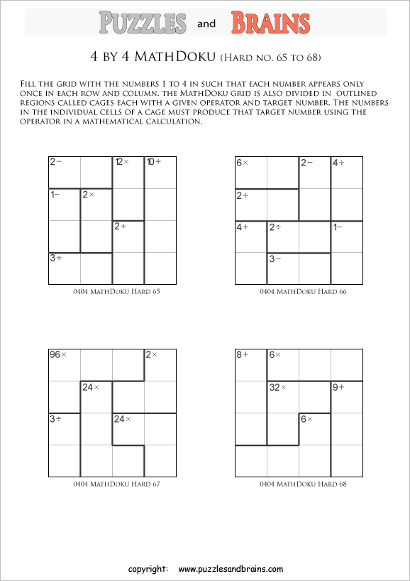 Printable 4 by 4 difficult level MathDoku, KenKen like, math puzzles for kids