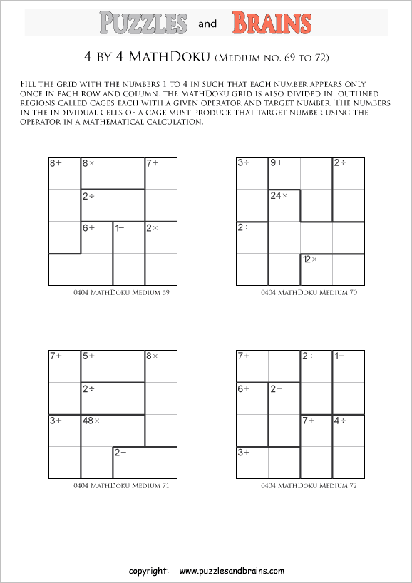 Printable 4 by 4 medium level MathDoku, KenKen like, math puzzles for kids