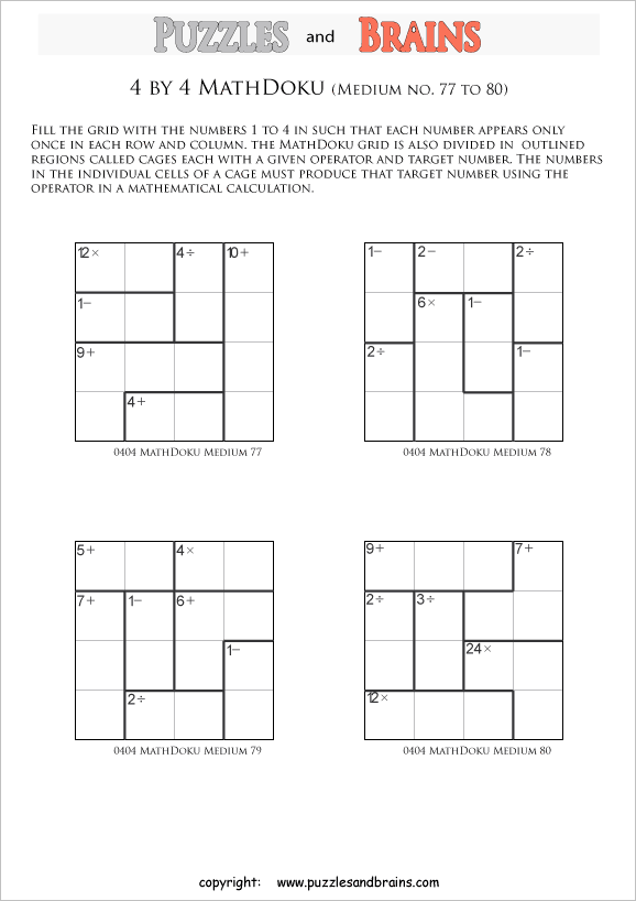 Printable 4 by 4 medium level MathDoku, KenKen like, math puzzles for kids