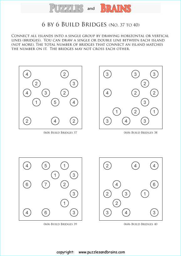 Printable Japanese Bridges logic puzzles puzzles