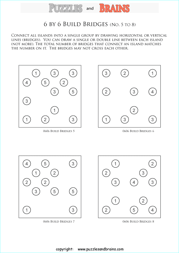 Printable Japanese Bridges logic puzzles puzzles