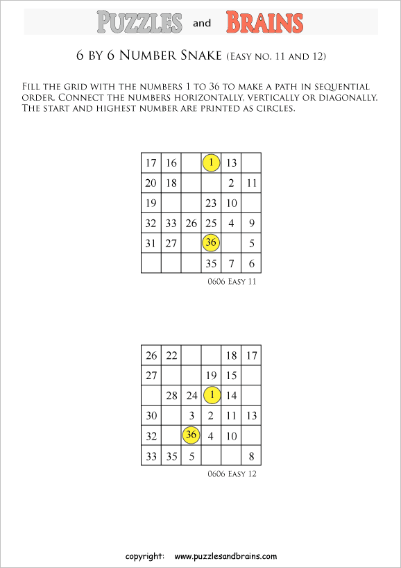 printable easier 6 by 6 Hidato Number Snake puzzles for young and old