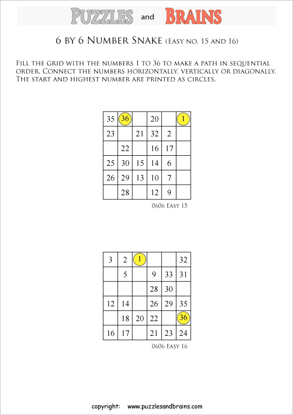 printable easier 6 by 6 Hidato Number Snake puzzles for young and old