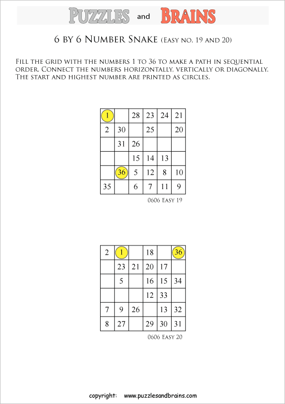 printable easier 6 by 6 Hidato Number Snake puzzles for young and old