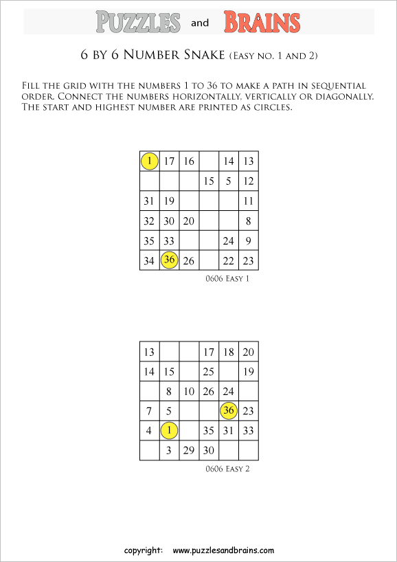 printable easier 6 by 6 Hidato Number Snake puzzles for young and old