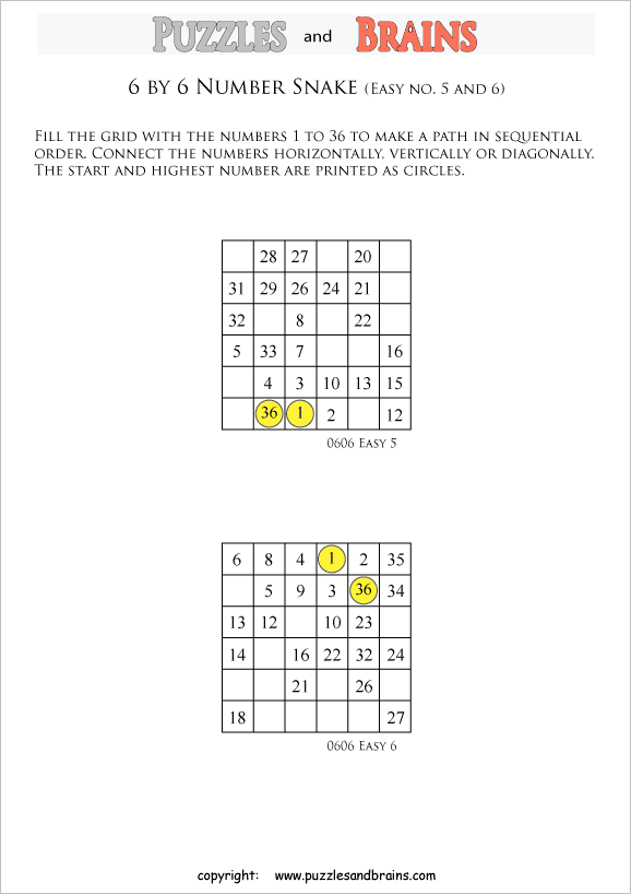 printable easier 6 by 6 Hidato Number Snake puzzles for young and old