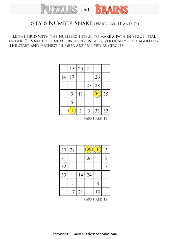 printable difficult 6 by 6 Hidato Number Snake puzzles for young and old