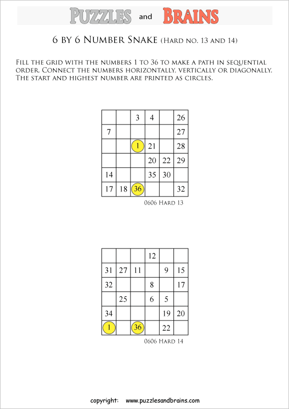 printable difficult 6 by 6 Hidato Number Snake puzzles for young and old