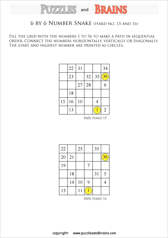 printable difficult 6 by 6 Hidato Number Snake puzzles for young and old