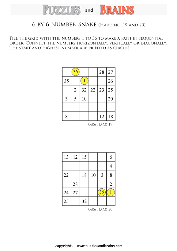 printable difficult 6 by 6 Hidato Number Snake puzzles for young and old