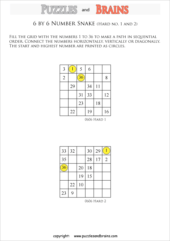 Printable hard level 6 by 6 grid Hidato Number Snake logic puzzles for ...