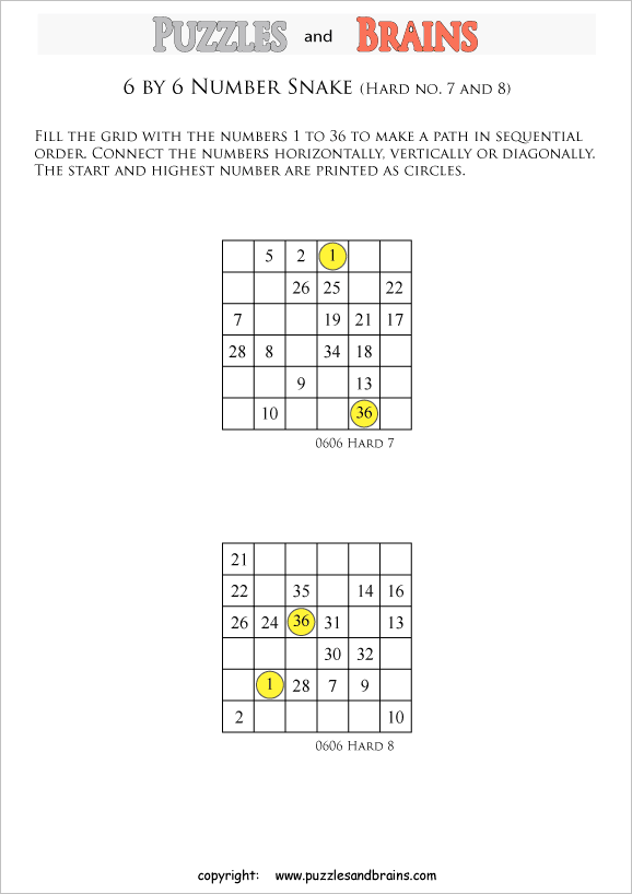 printable difficult 6 by 6 Hidato Number Snake puzzles for young and old