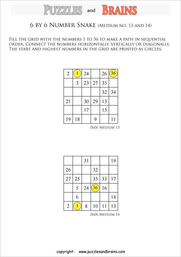 printable medium 6 by 6 Hidato Number Snake puzzles for young and old