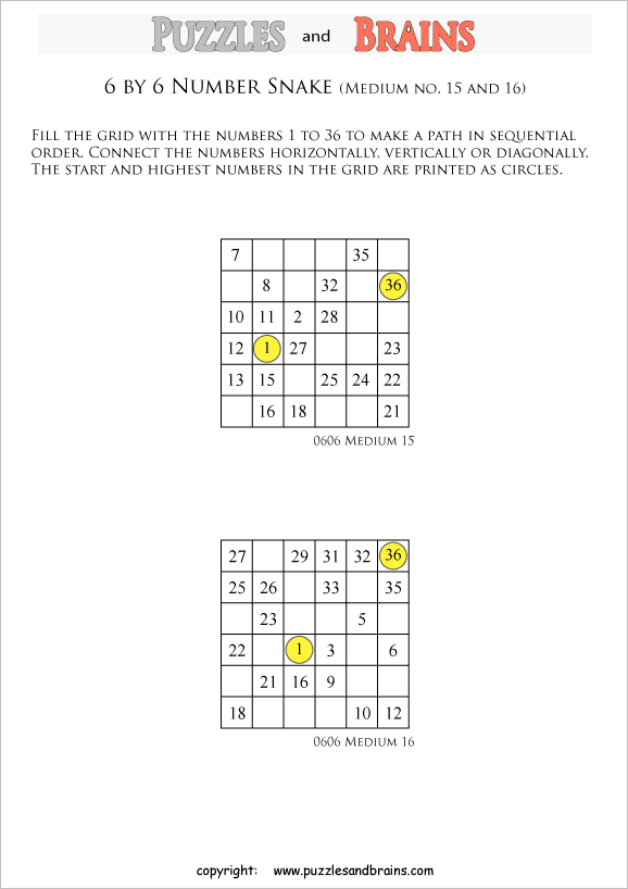 printable medium 6 by 6 Hidato Number Snake puzzles for young and old