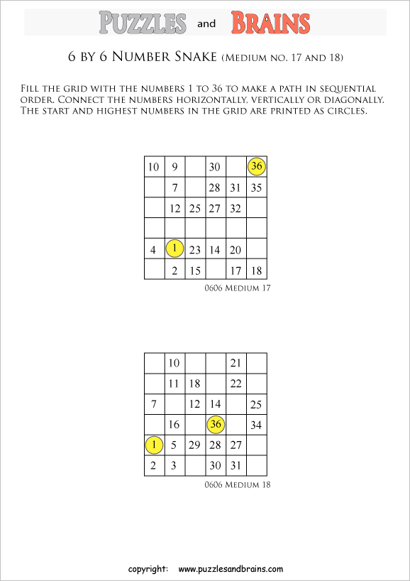 printable medium 6 by 6 Hidato Number Snake puzzles for young and old