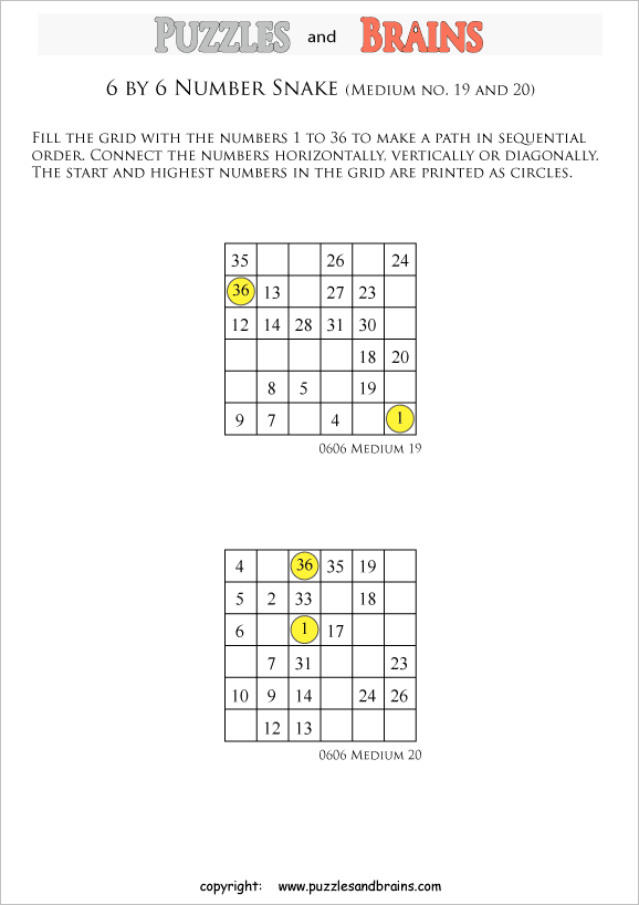 printable medium 6 by 6 Hidato Number Snake puzzles for young and old