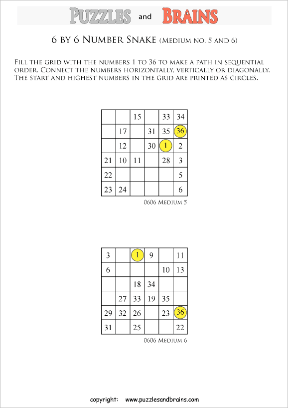 printable medium 6 by 6 Hidato Number Snake puzzles for young and old