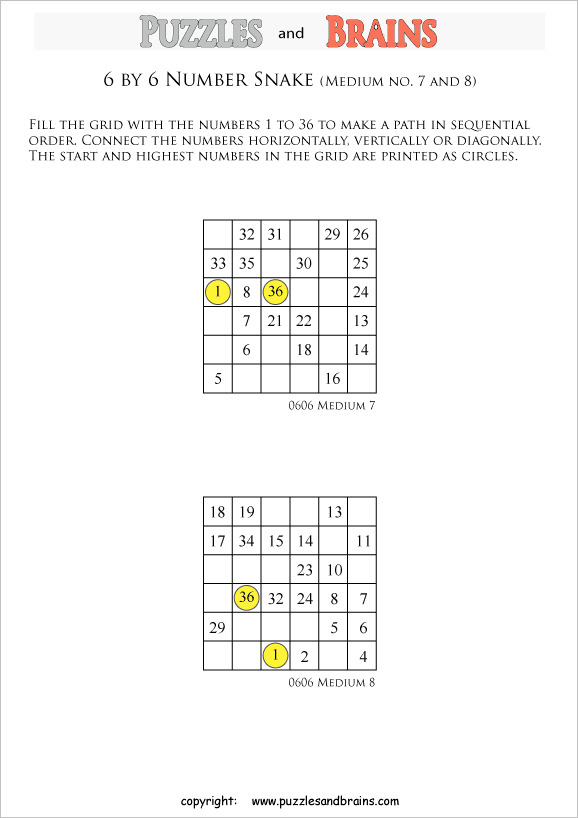 printable medium 6 by 6 Hidato Number Snake puzzles for young and old