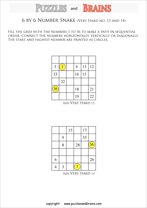 printable very difficult 6 by 6 Hidato Number Snake puzzles for young and old