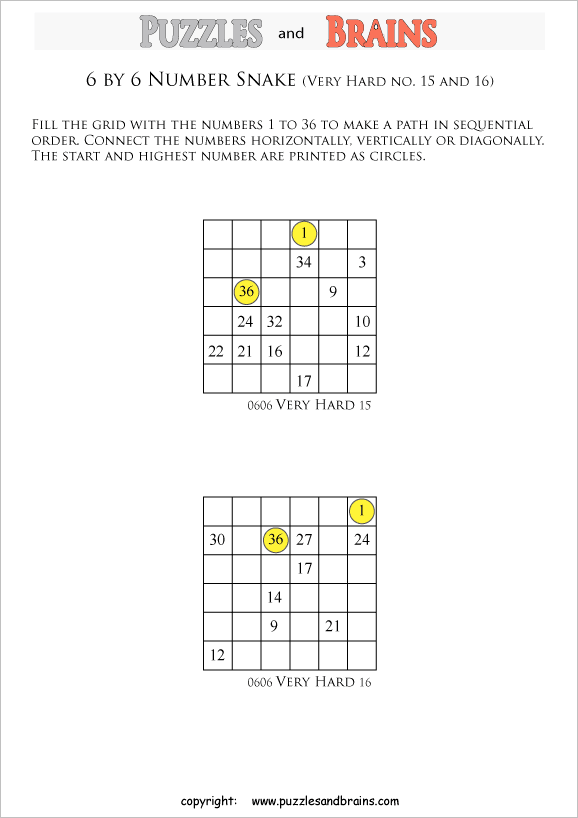 printable very difficult 6 by 6 Hidato Number Snake puzzles for young and old