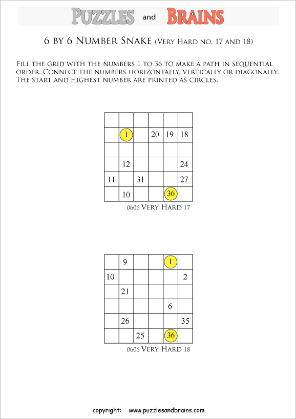 printable very difficult 6 by 6 Hidato Number Snake puzzles for young and old