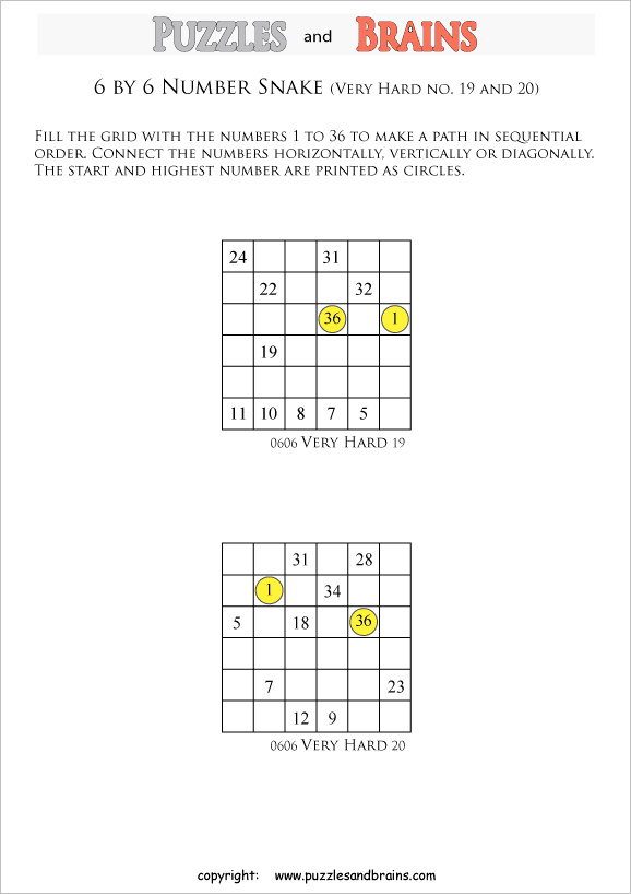 printable very difficult 6 by 6 Hidato Number Snake puzzles for young and old