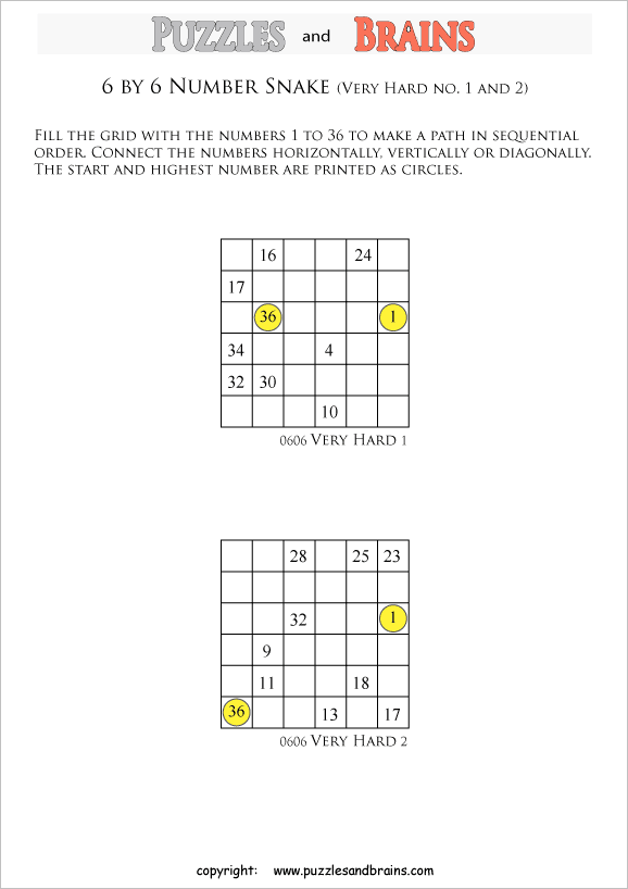 printable very difficult 6 by 6 Hidato Number Snake puzzles for young and old