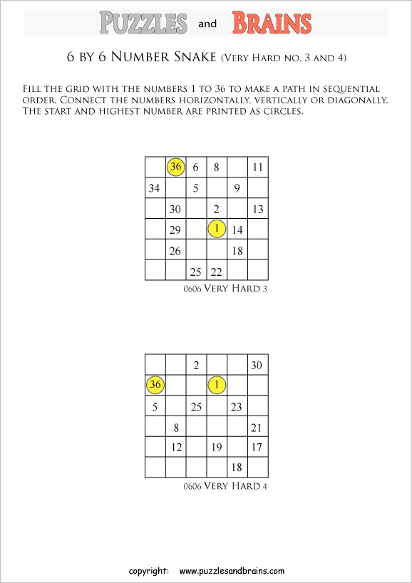 printable very difficult 6 by 6 Hidato Number Snake puzzles for young and old