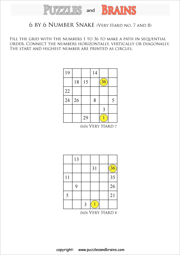 printable very difficult 6 by 6 Hidato Number Snake puzzles for young and old