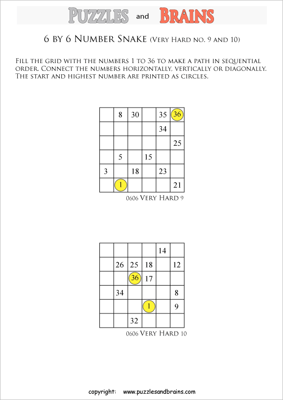 printable very difficult 6 by 6 Hidato Number Snake puzzles for young and old