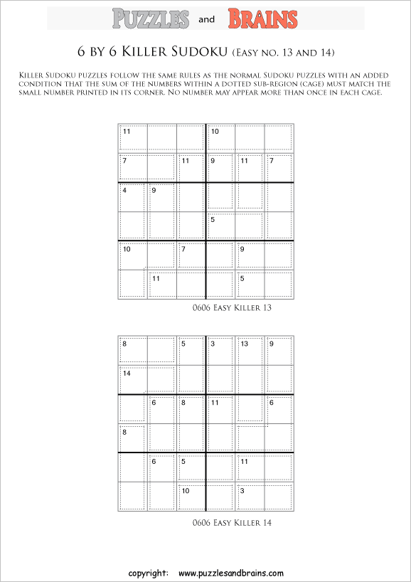 printable easier 6 by 6 killer sudoku math logic puzzles for kids