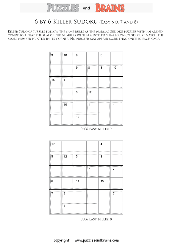 Printable Easier 6 By 6 Math Killer Sudoku Puzzles The Perfect Mix 